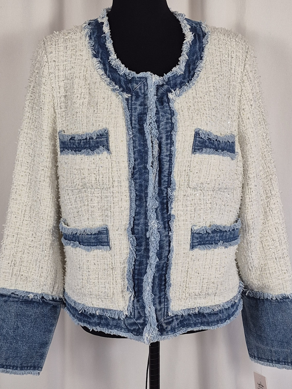 Nanette Lepore Tweed & Frayed Denim Jacket w/ Metallic Thread Sequins - Size XL - Picture 3 of 16